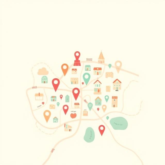 Illustrated map of a neighborhood with maker pins